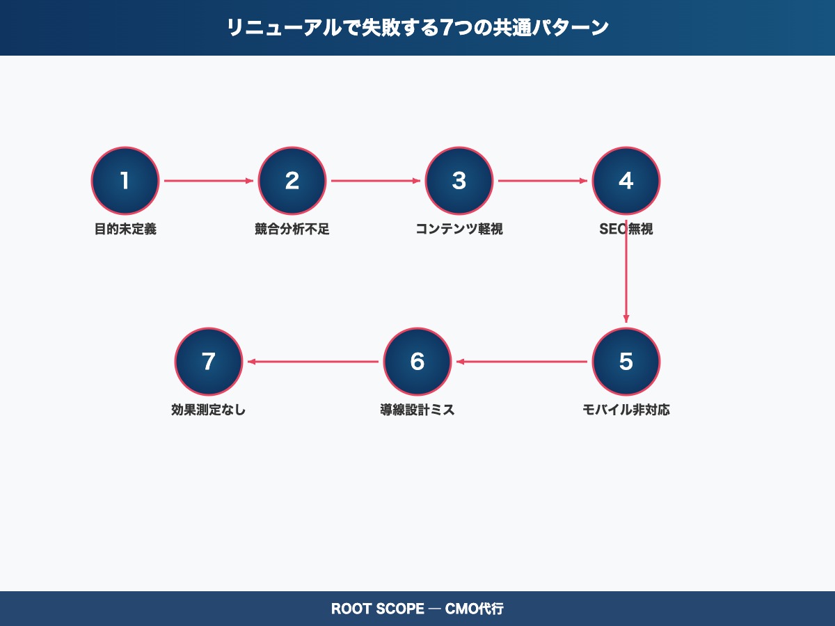 リニューアルで失敗する7つの共通パターンの図解